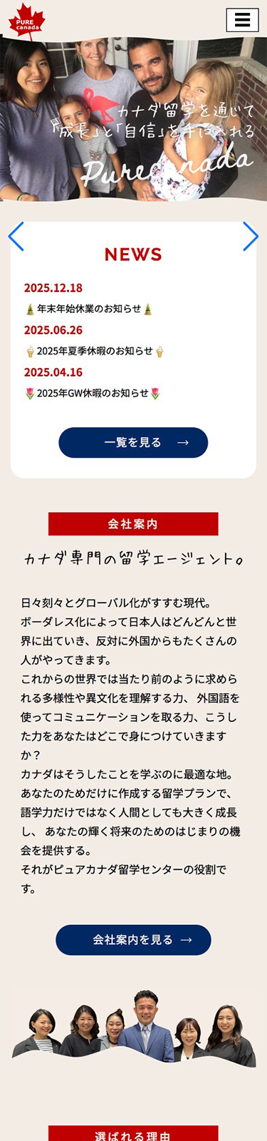 スマートフォンで見たピュアネットワークサイトのトップページ