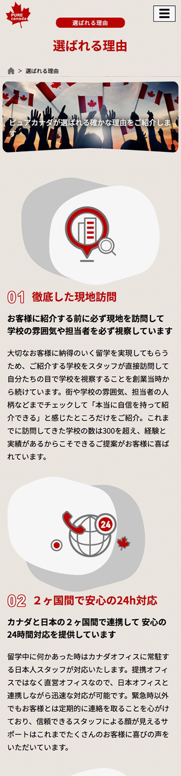 スマートフォンで見たピュアネットワークサイトの選ばれる理由のページ
