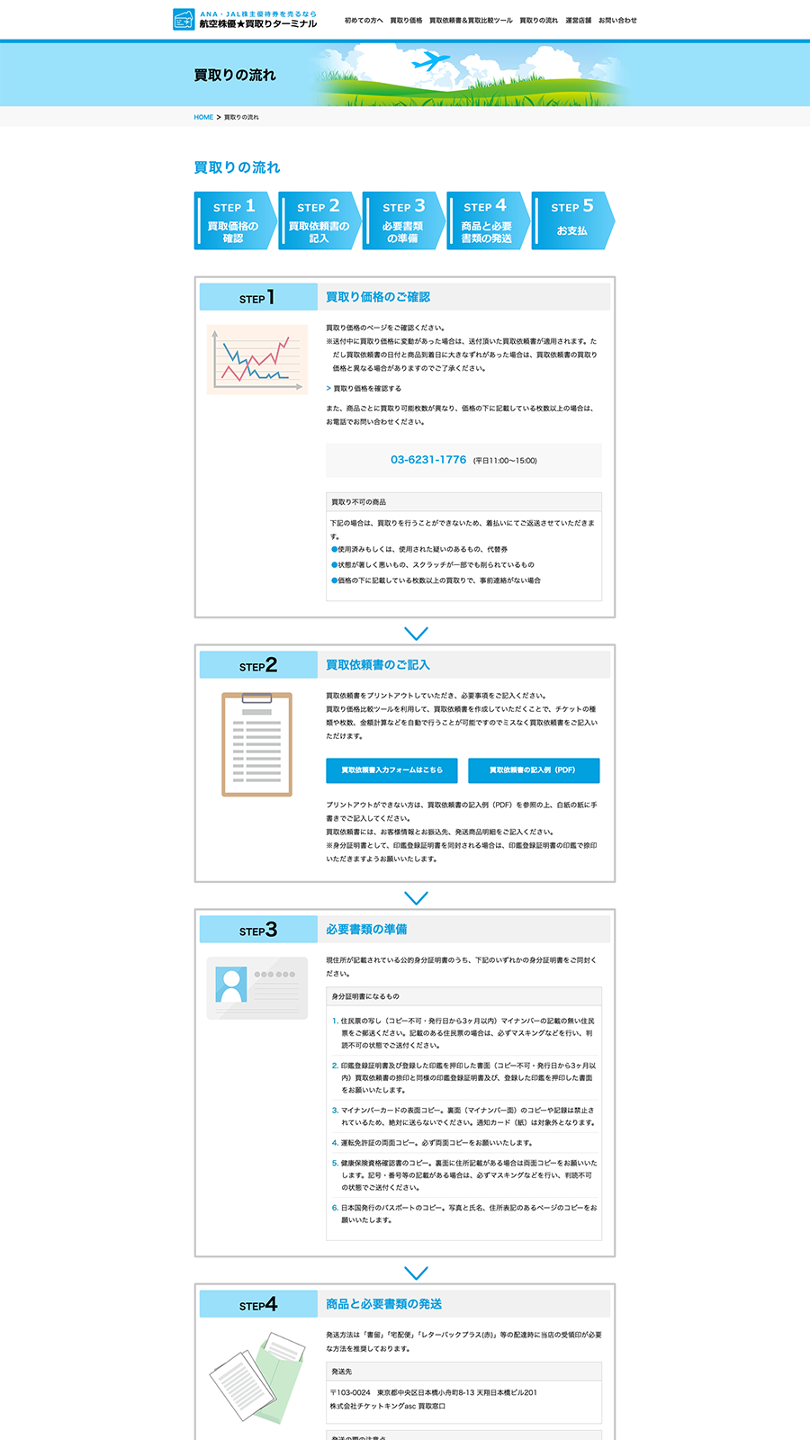 PCで見た航空株優★買取りターミナルの買取の流れページ
