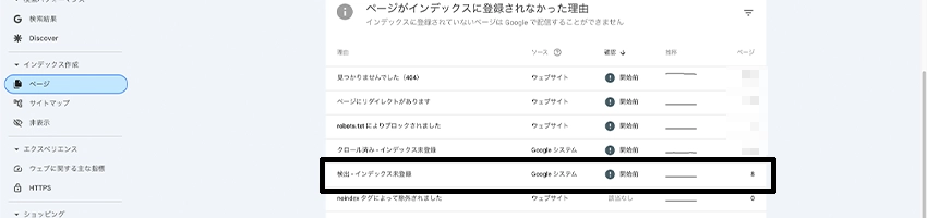 Googleサーチコンソールの検出 - インデックス未登録の場所