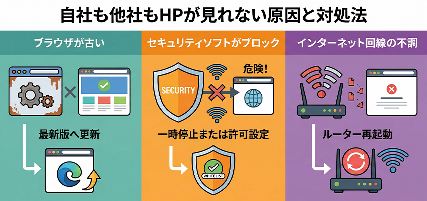 自社も他社のホームページも見れない原因と対処法