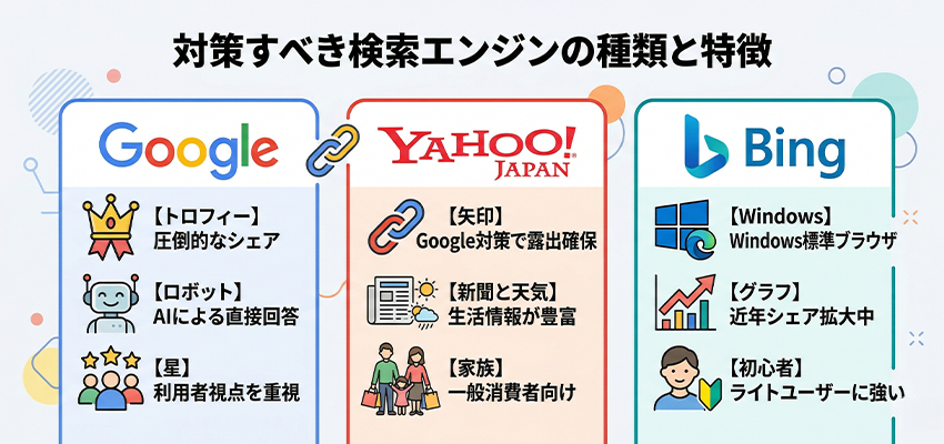 対策すべき検索エンジンの種類と特徴