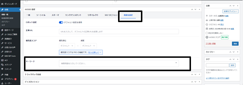 All in One SEOでメタキーワードを入力する欄