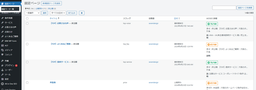 WordPressで固定ページを編集する画面