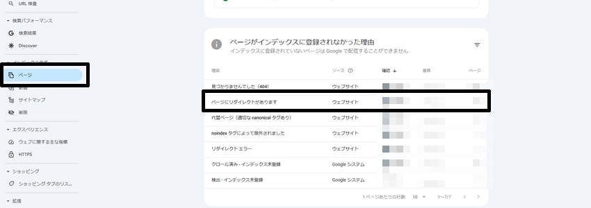 サーチコンソールの「ページにリダイレクトがあります」の表示の画像